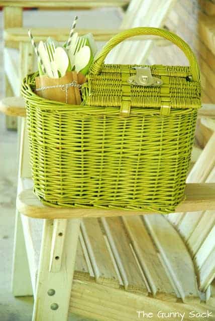 a green wicker picnic basket.