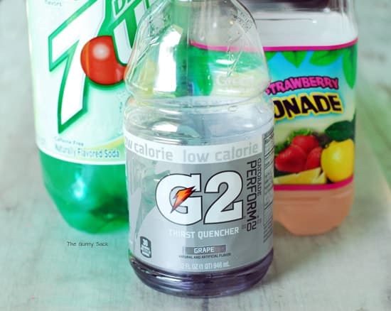7UP soda, lemonade, and purple Gatorade.