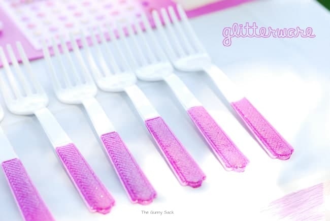 pink glitter plastic forks