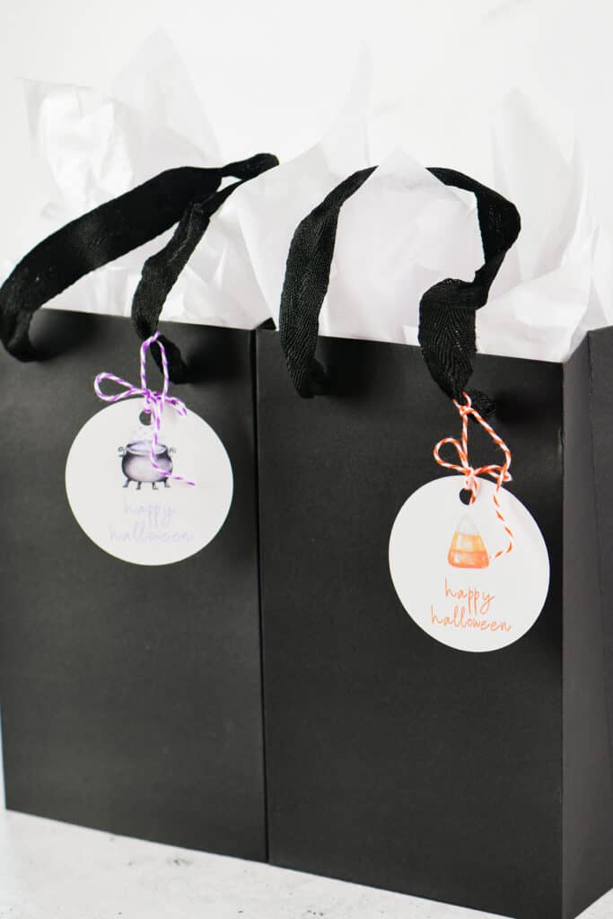 Halloween gift tags on black gift bags.