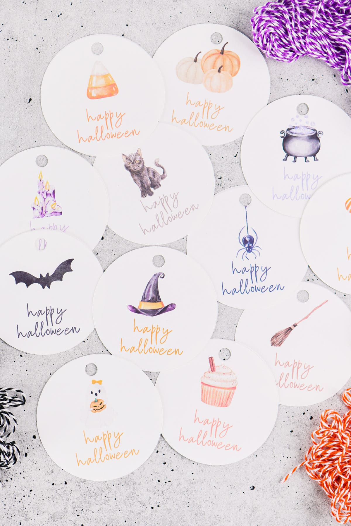 Halloween gift tags in a pile.