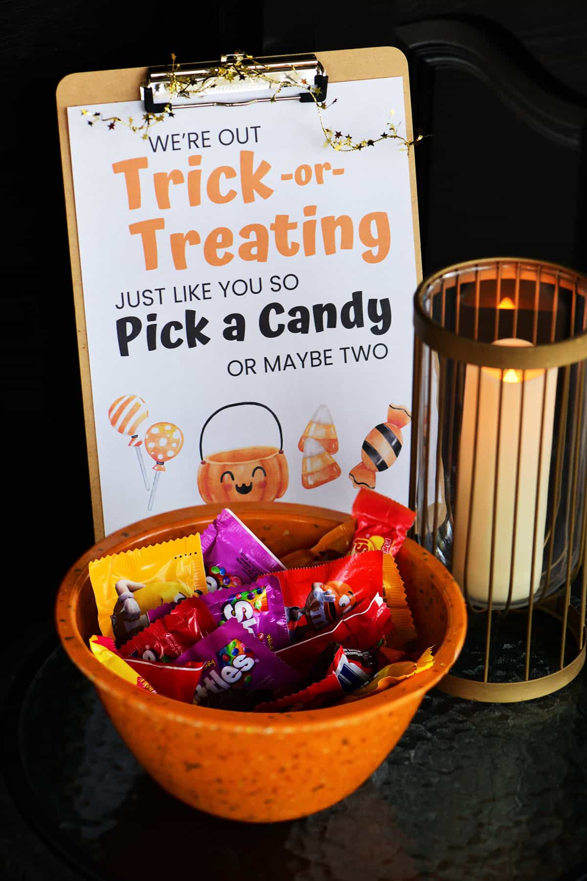 Trick or treating printable sign and candy bowl.